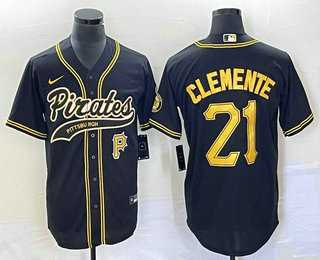 Men%27s Pittsburgh Pirates #21 Roberto Clemente Number Black Cool Base Stitched Baseball Jerseys